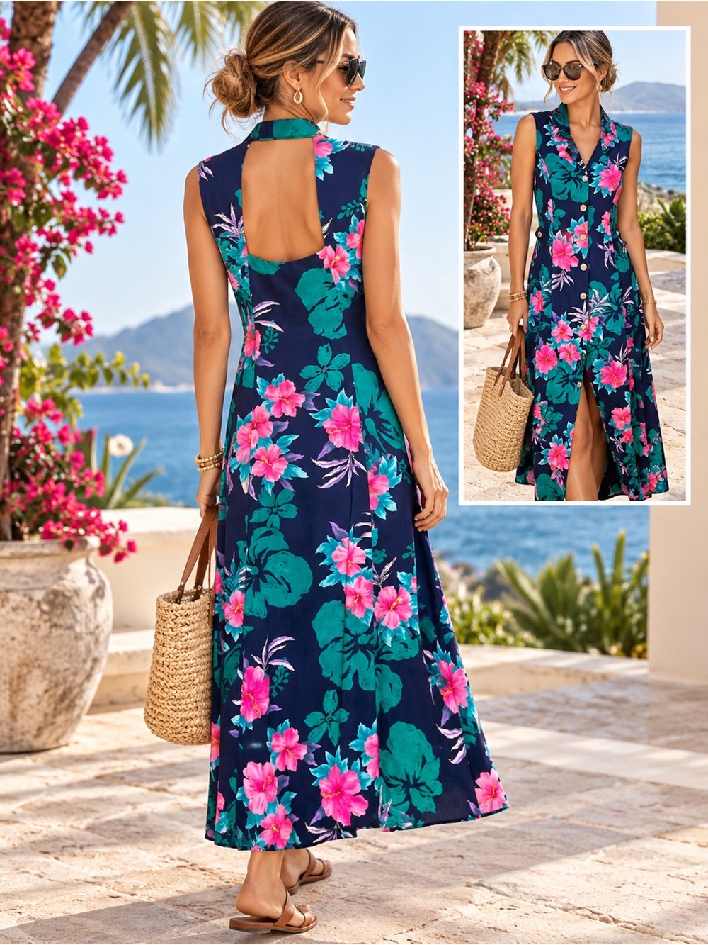 Vintage ERIKA Navy Tropical Floral Button Front Maxi Dress Size S Resort